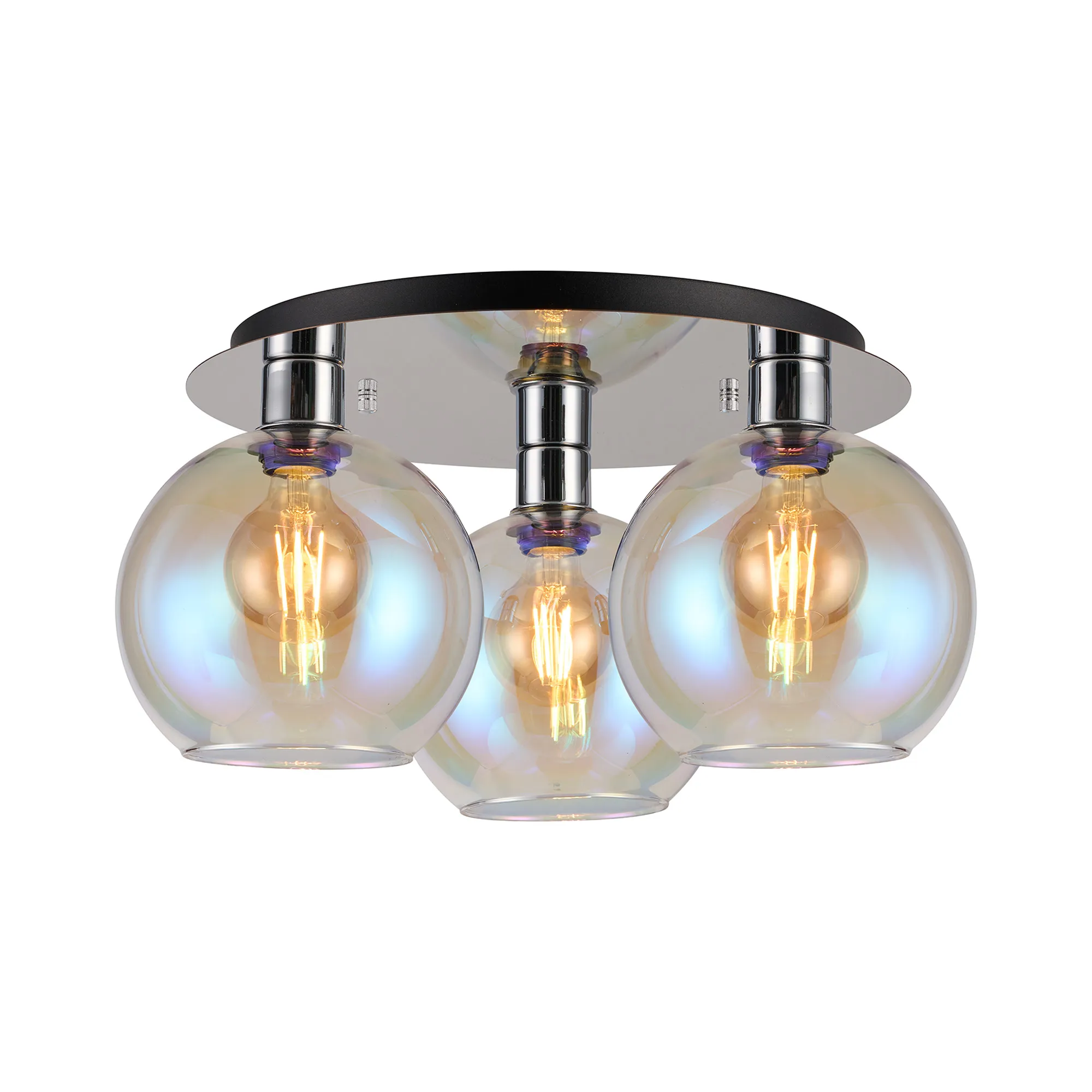 DK1345  Lori 40cm Round Ceiling Flush, 3 Light Flush Fitting, Polished Chrome/Iridescent Open Mouth Round Globe Shades